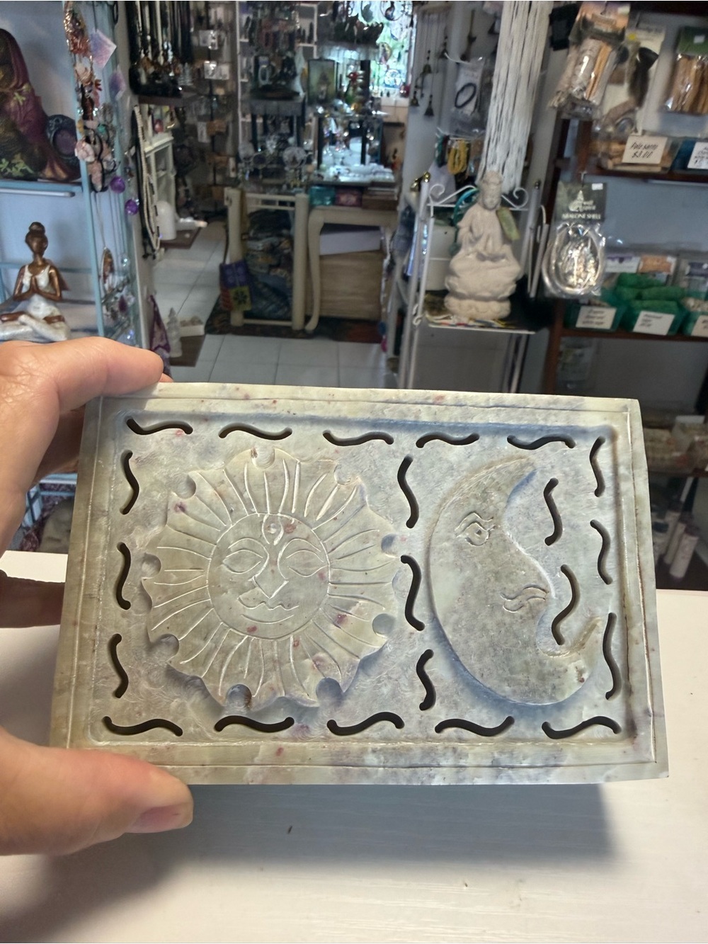 Carved Sun & Moon soapstone box